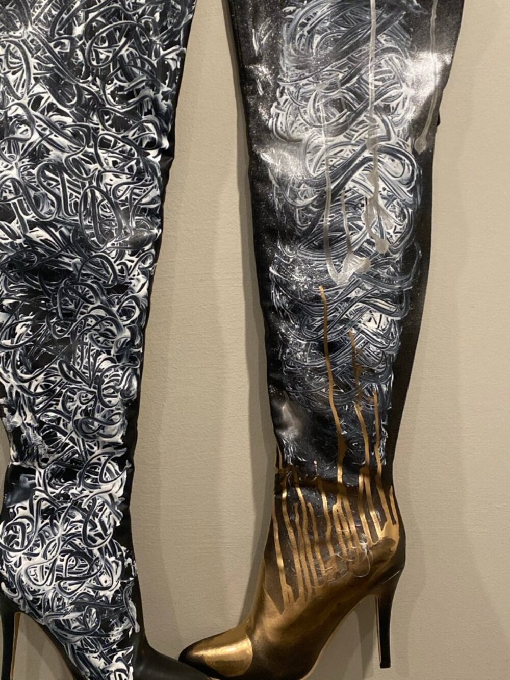 Mismatched White Swirl + Gold Drip OTK Stiletto Boots | LA Galerie — Size 10